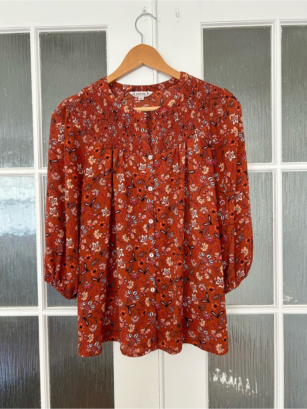 🧡 Nanette Lepore Floral Button-Front Smocked Blouse